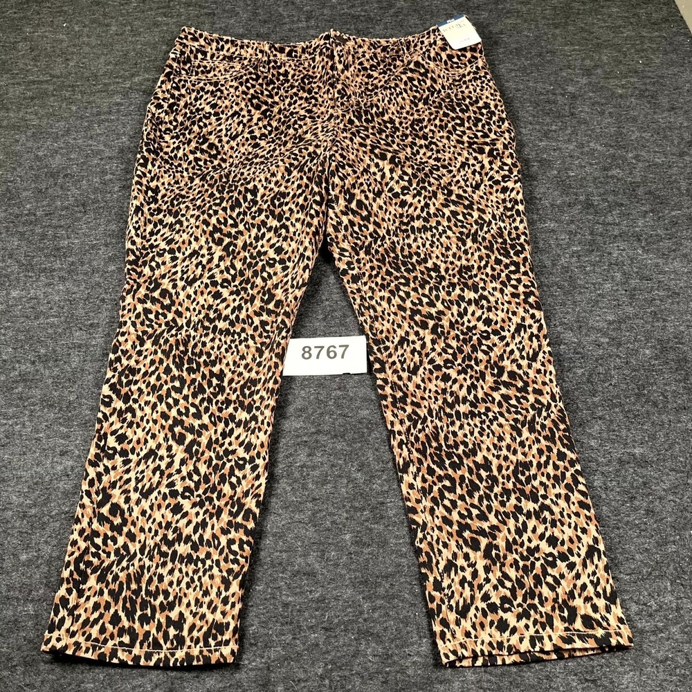 Terra & Sky Jeans Women 18W Petite Brown Denim Leopard Print Cotton Straight Leg